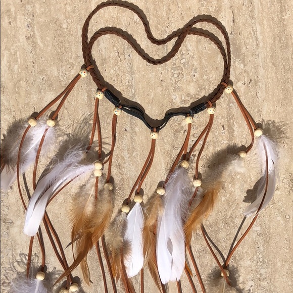 NEW Boho Gypsy White Feather & Bead Suede Headband - Picture 3 of 6